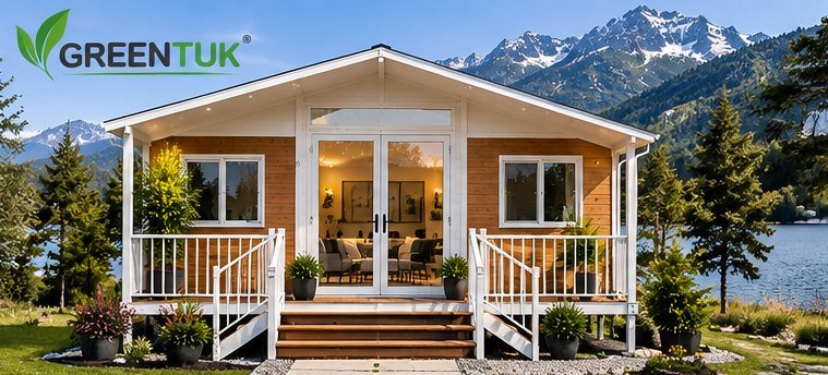 Casa con porche blanco y fachada de madera junto a un lago