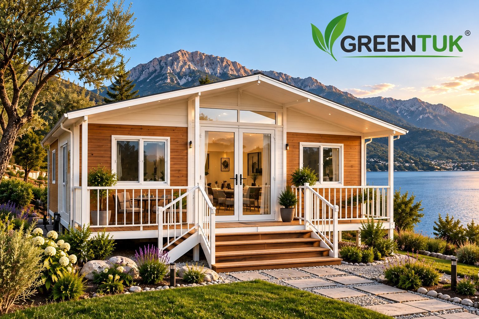 Casa Greentuk con fachada de madera, porche blanco y escalera frente a un lago y montañas